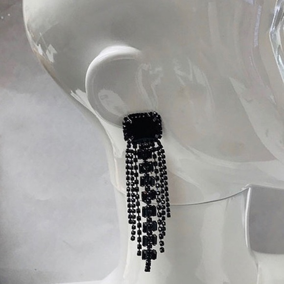 Emerald Cut Jet Black Crystal Fringe Earring-Boutique - Picture 2 of 3